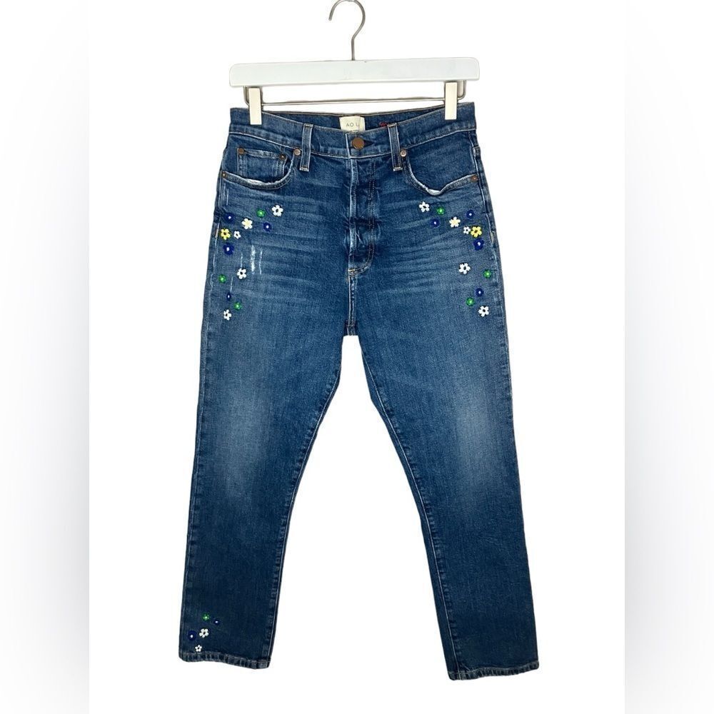 Alice & Olivia Floral Embroidered Jeans 28 High Rise Girlfriend Slim
